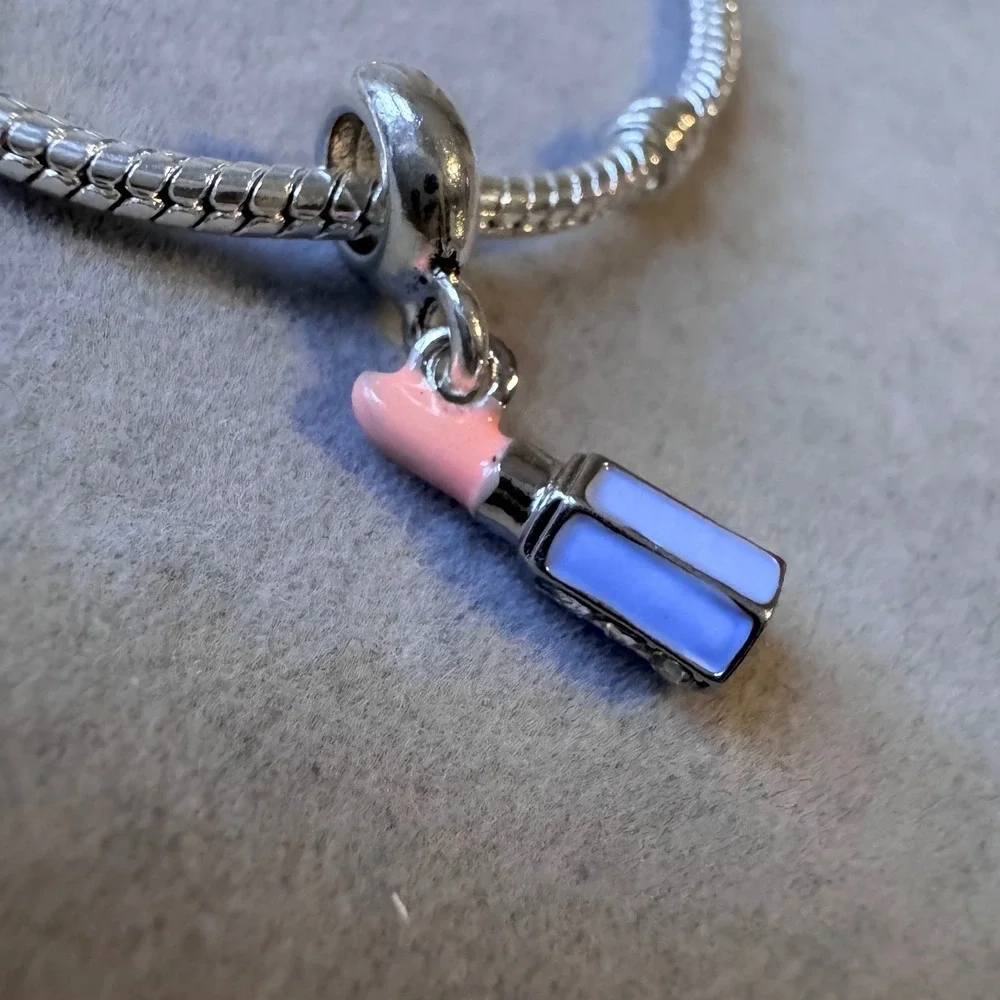 Lipstick Charm Bead Dangle Pink Blue Enamel Crystal Silver Tone Bracelet